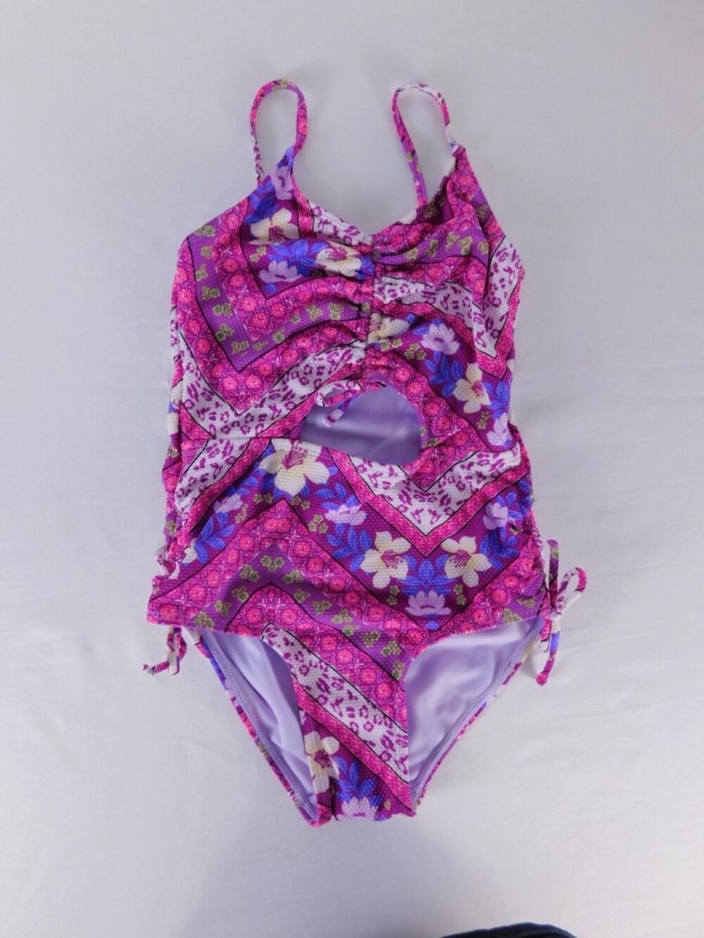 Swimsuit Girls 4T Pink Floral One Piece Cutout Lined Tank Side Ties Ruched